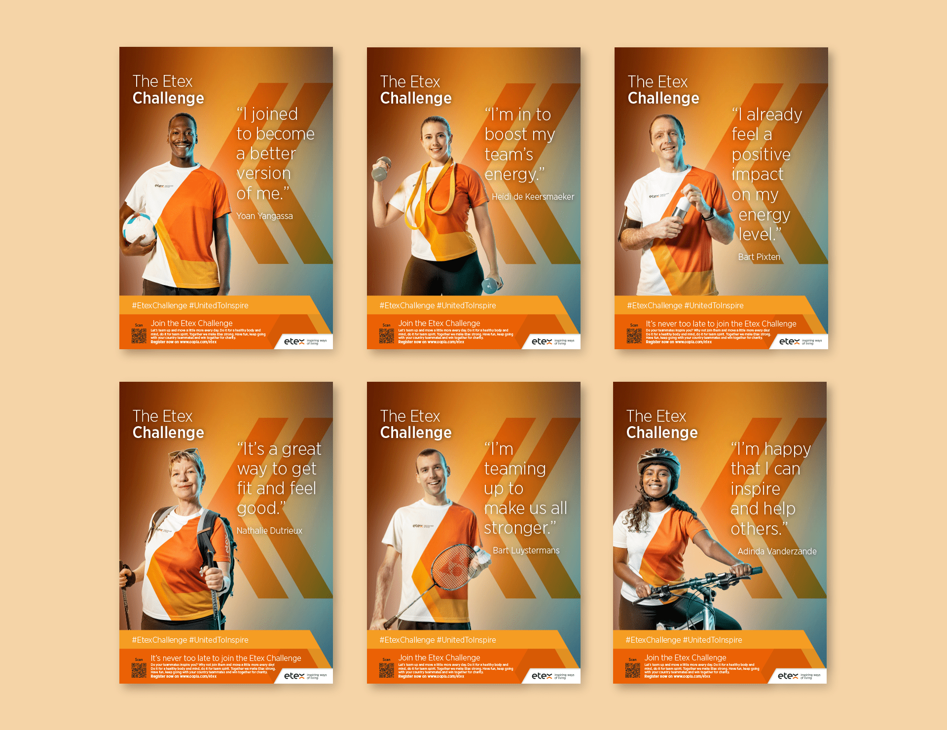 Etex Challenge campagne — samengestelde reeks affiches naast elkaar gepresenteerd