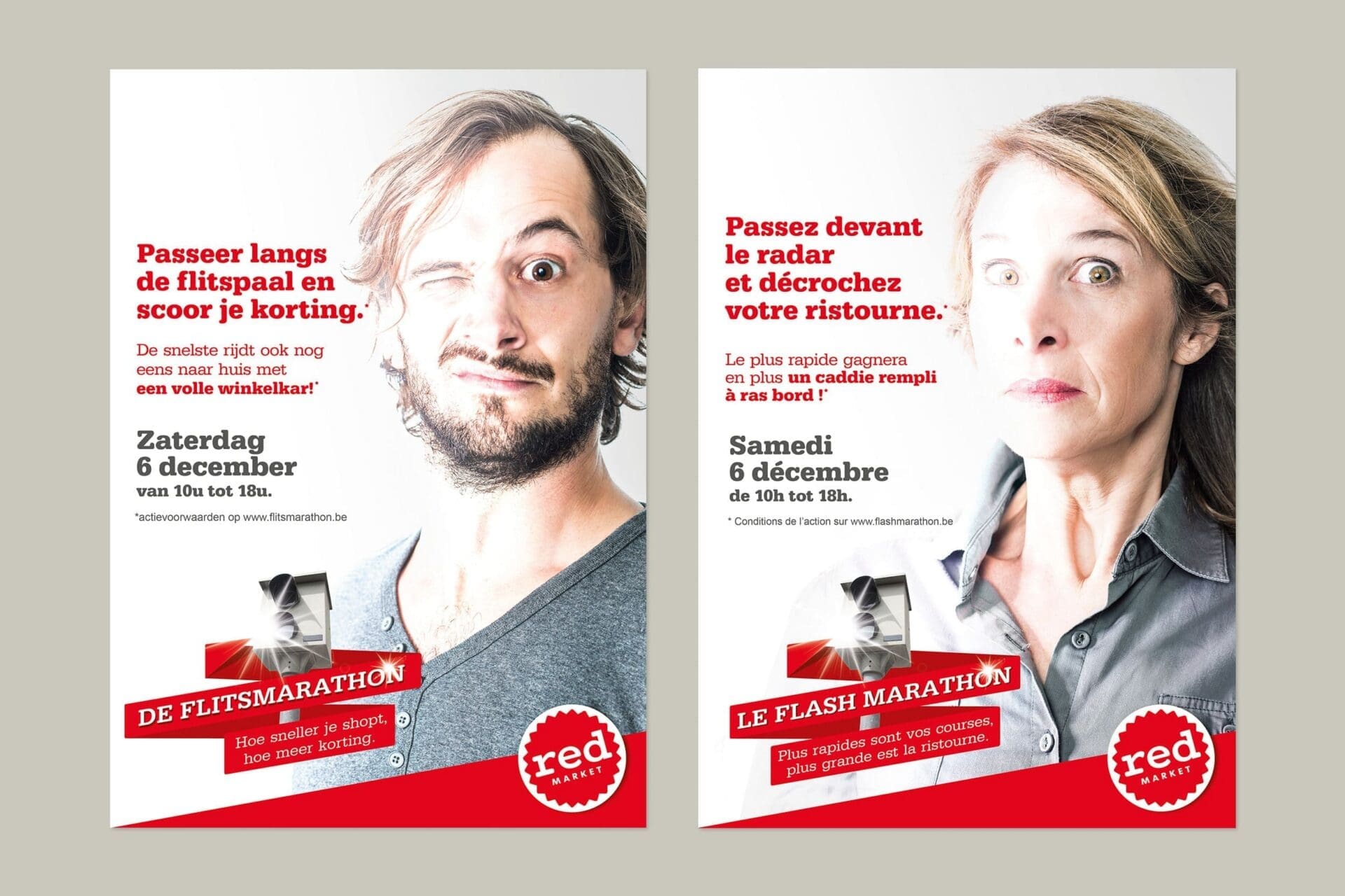 Twee campagneaffiches voor Red Market's De Flitsmarathon — Nederlands en Frans — met portretten en promotietekst.