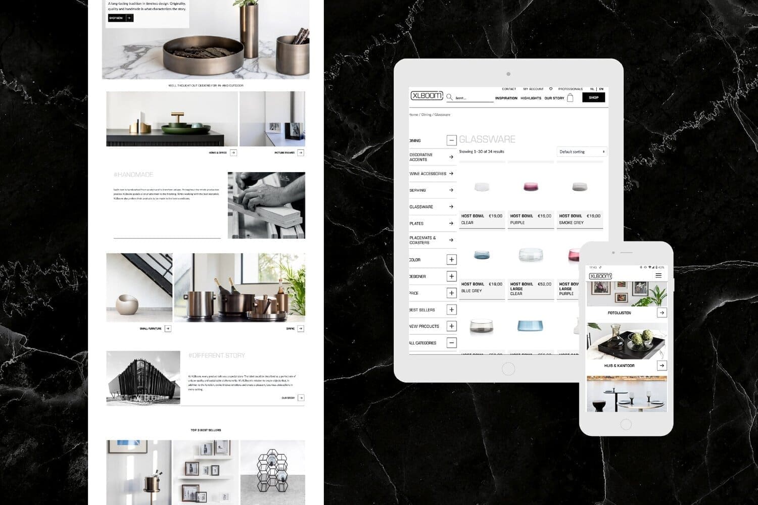 XLBOOM webshop getoond op desktop, tablet en smartphone tegen zwart marmeren achtergrond