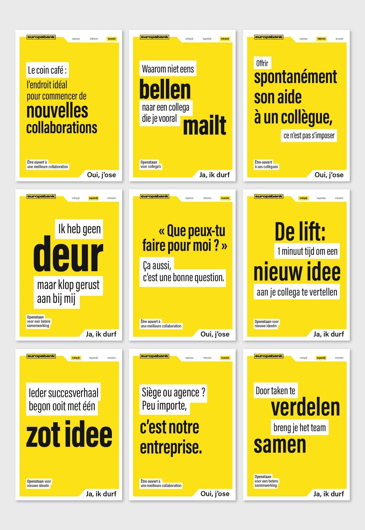 Europaborsen campagneposters in geel en wit met korte teksten over samenwerking op de werkvloer, in Frans en Nederlands